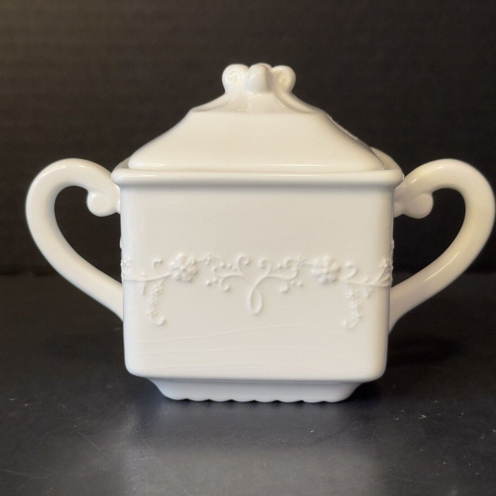 Tracy Porter Lace White Sugar Bowl & Lid Square, Embossed Flowers/Scrolls VTG